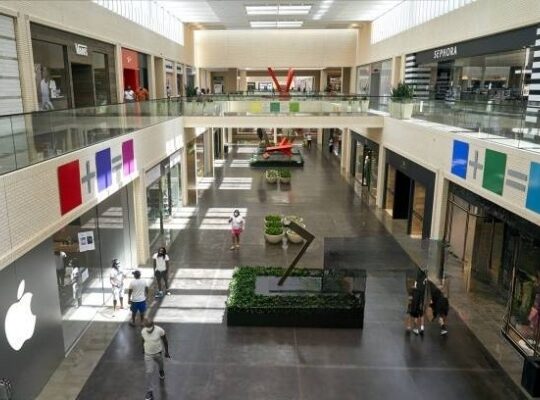 Spacious interior view of NorthPark Center in Dallas, Texas, showcasing elegant architecture, upscale shops, and vibrant artwork throughout the shopping mall.