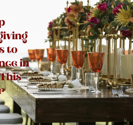 Table with drinks and food items decorated with flowers for Thanksgiving events in Dallas