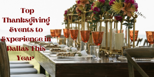 Table with drinks and food items decorated with flowers for Thanksgiving events in Dallas