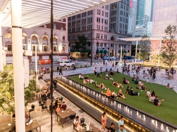 Top view of AT&T discovery district Dallas where people with familes enjoy afternoon