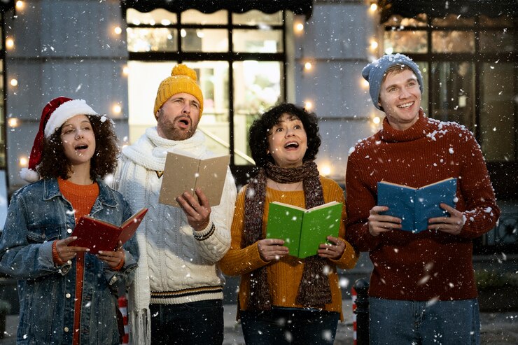 Group of people singing Christmas carols Thanksgiving and Christmas traditions