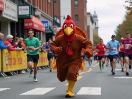 people dressed as turkey participate in race Thanksgiving and Christmas traditions