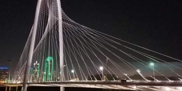 far off view of iconic Margaret Hunt Hill Bridge, Discover Trinity Groves, Dallas