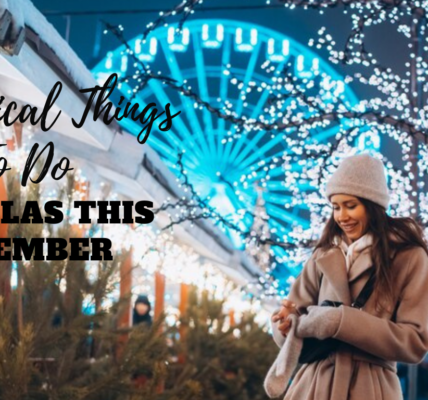 The image depicts a festive holiday scene in Dallas. It shows a young woman in winter attire enjoying the ambiance of a beautifully lit outdoor market.