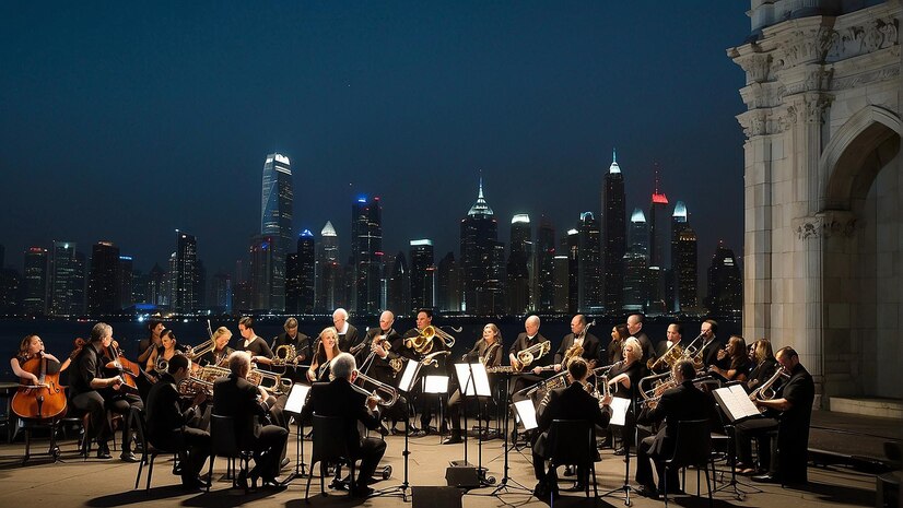 A large orchestra performing outdoors at night, with a stunning city skyline in the background