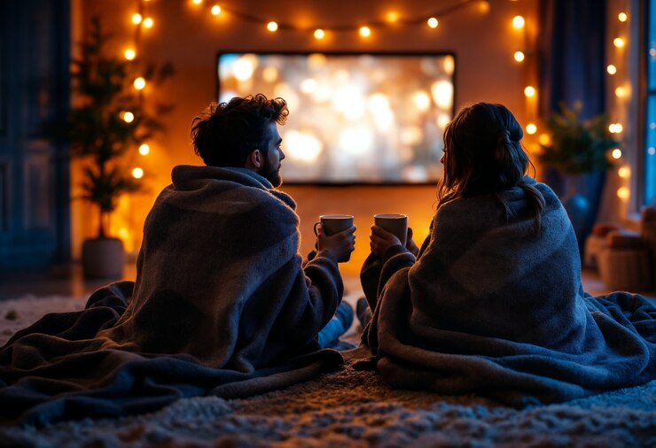 A couple sitting on the floor wrapped in blankets, enjoying warm drinks while watching a screen in a dimly lit, cozy room lit by string lights, one of the activity from the Dallas winter bucket.