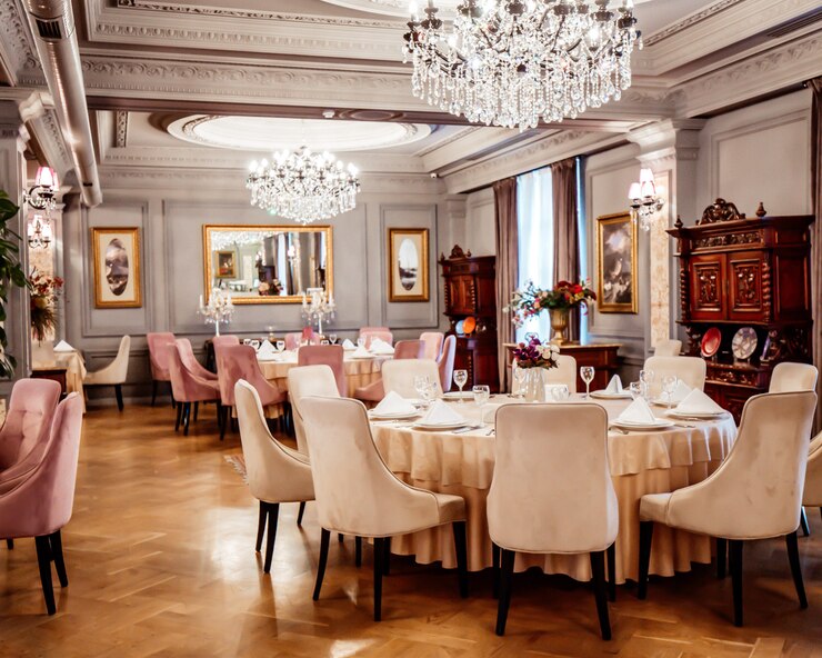 classic luxury style restaurant with tables chairs